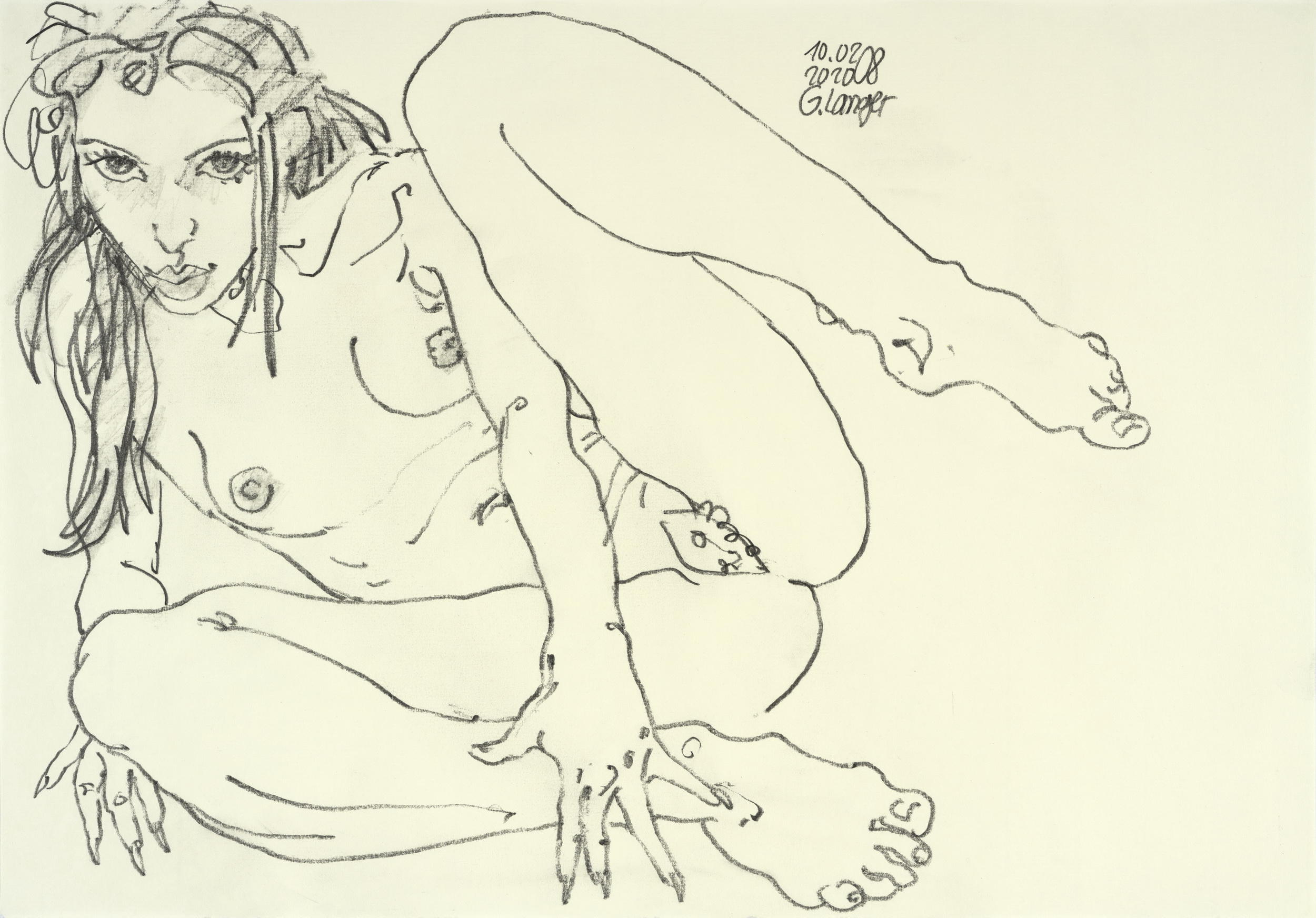 Gunter Langer, Liegender Mädchenakt seitlich aufgestützt, 2020, Zeichenpapier, 35 x 50 cm